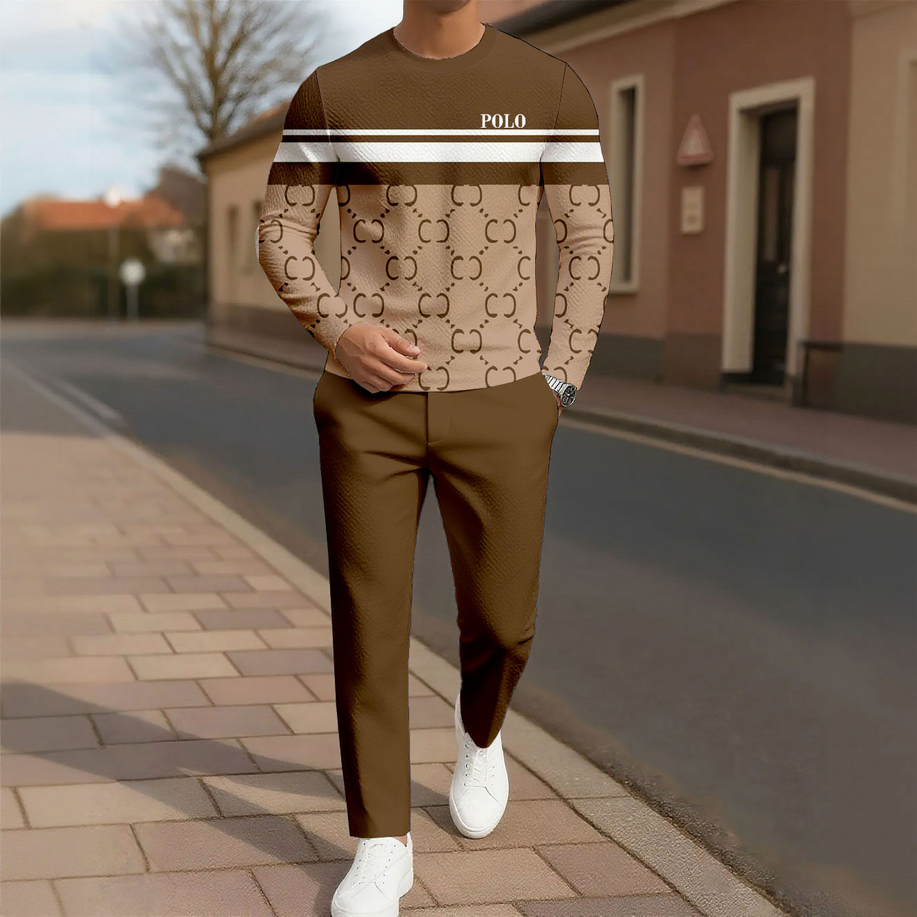 Men's Casual Color Matching Printed Round Neck Long Sleeved Trousers Two-Piece Set 91211