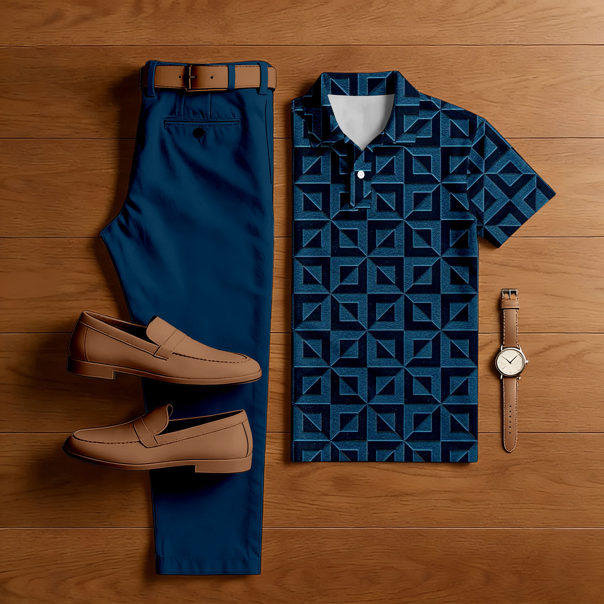 Men's Casual Navy Blue Color Matching Checkered Printed Short Sleeved Polo Shirt & Trousers Two-Piece Set