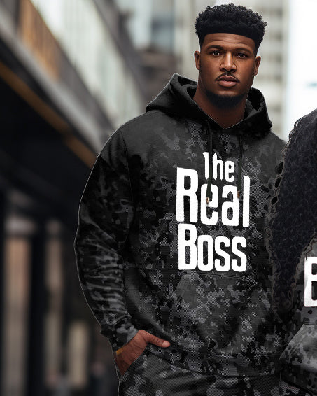 Couple Outfits Big & Tall Real Boss Funny Text Camouflage Hoodie Set