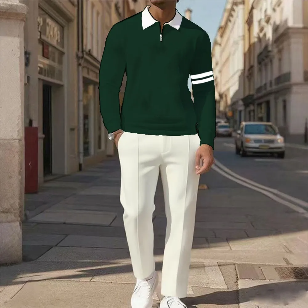Men's Casual Color Matching Printed Polo-Collar Zipper Long Sleeved Trousers Two-Piece Set 9195