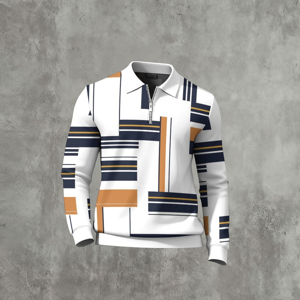 Men's Casual Color Matching Printed Polo-Collar Zipper Long Sleeved Shirt