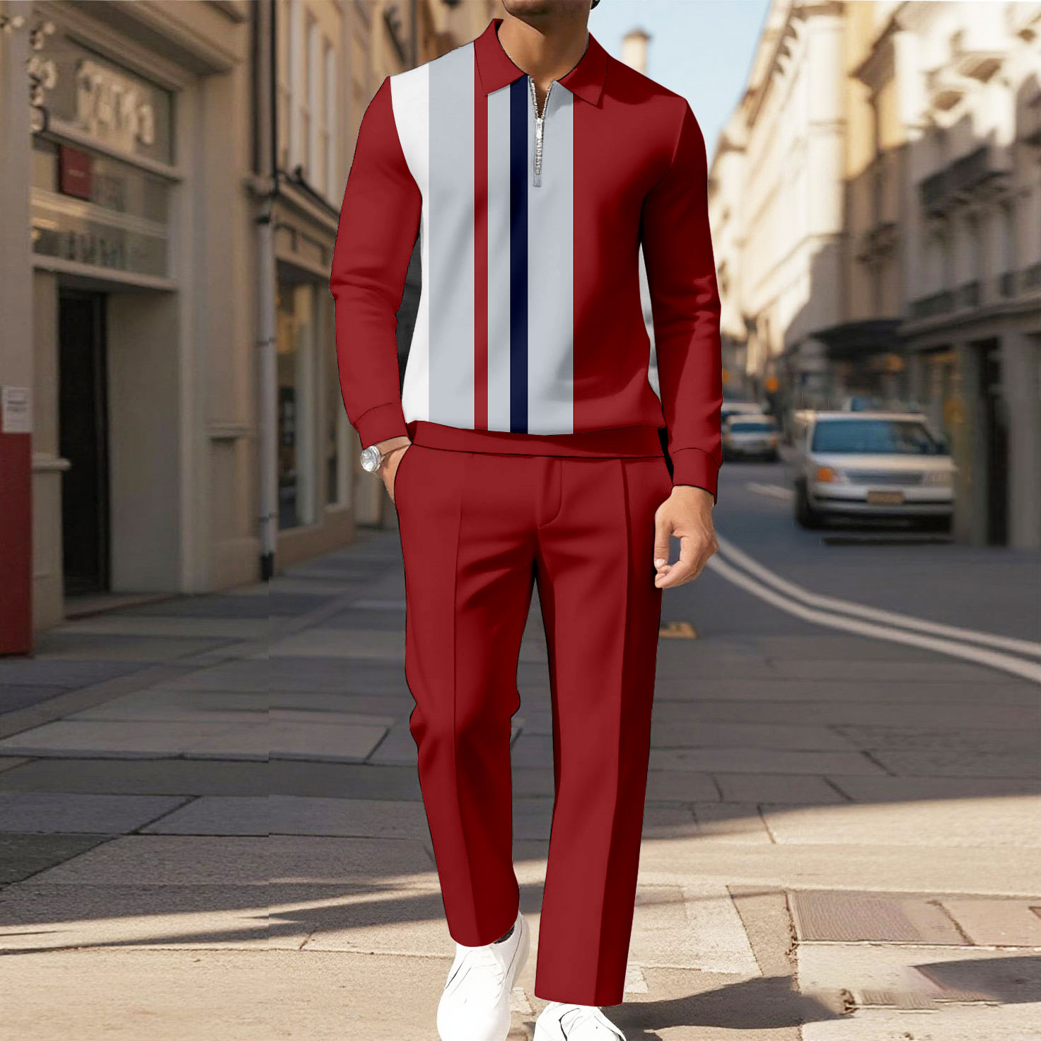 Men's Casual Color Matching Printed Polo-Collar Zipper Long Sleeved Trousers Two-Piece Set 1014