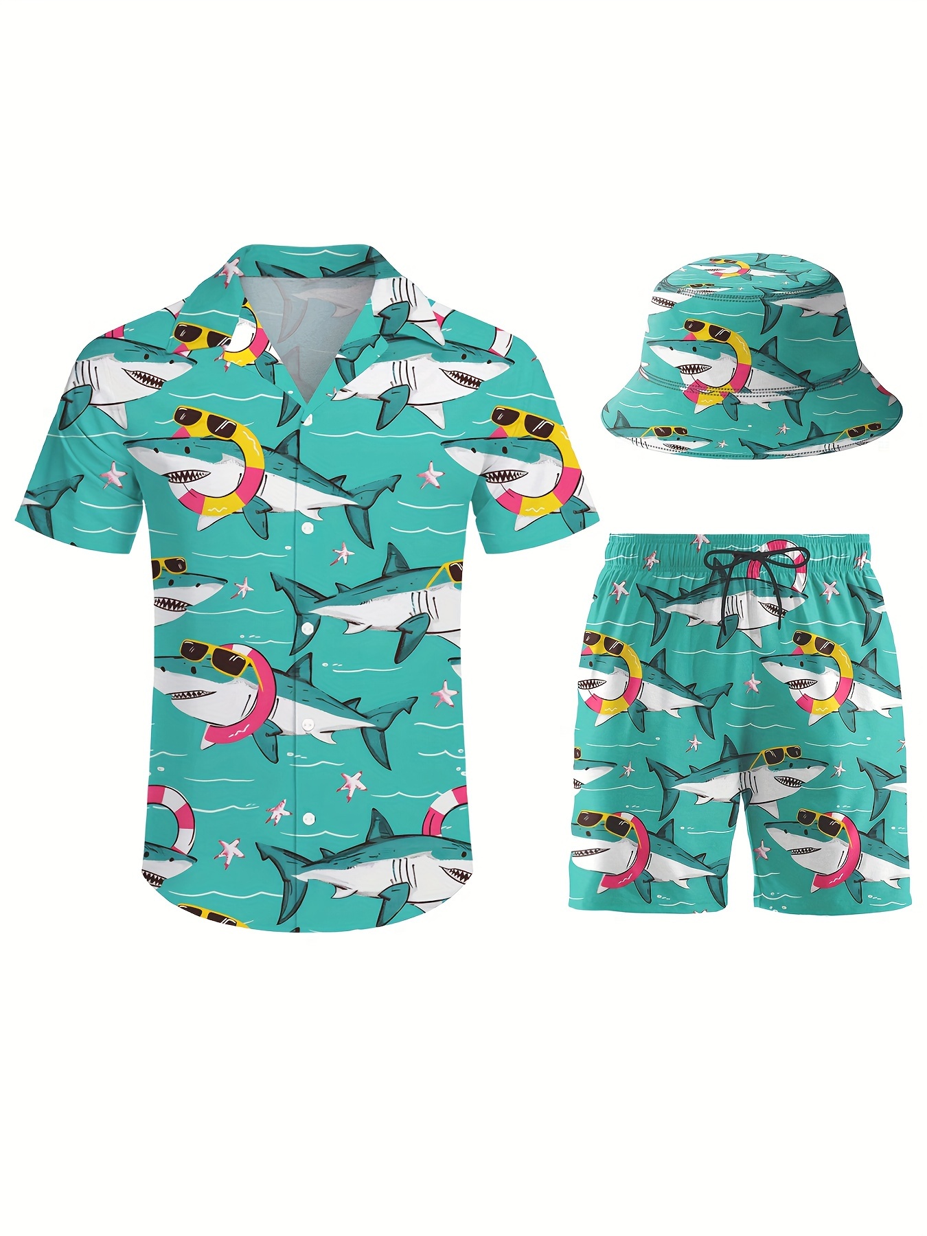 3pcs Men's Hawaiian Blue Shark Printed Short Sleeves Shirt & Short & Fisherman's Hat