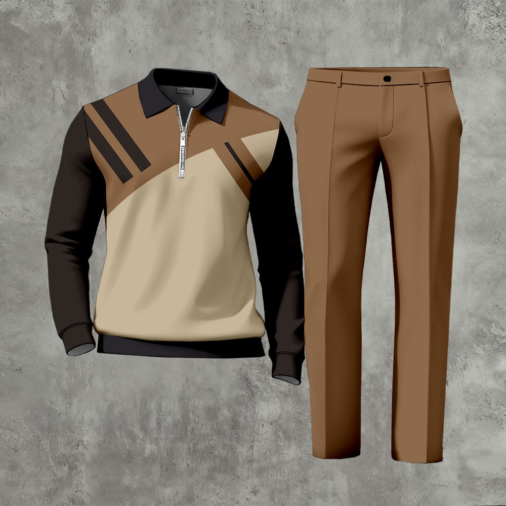 Men's Casual Color Matching Printed Polo-Collar Zipper Long Sleeved Trousers Two-Piece Set
