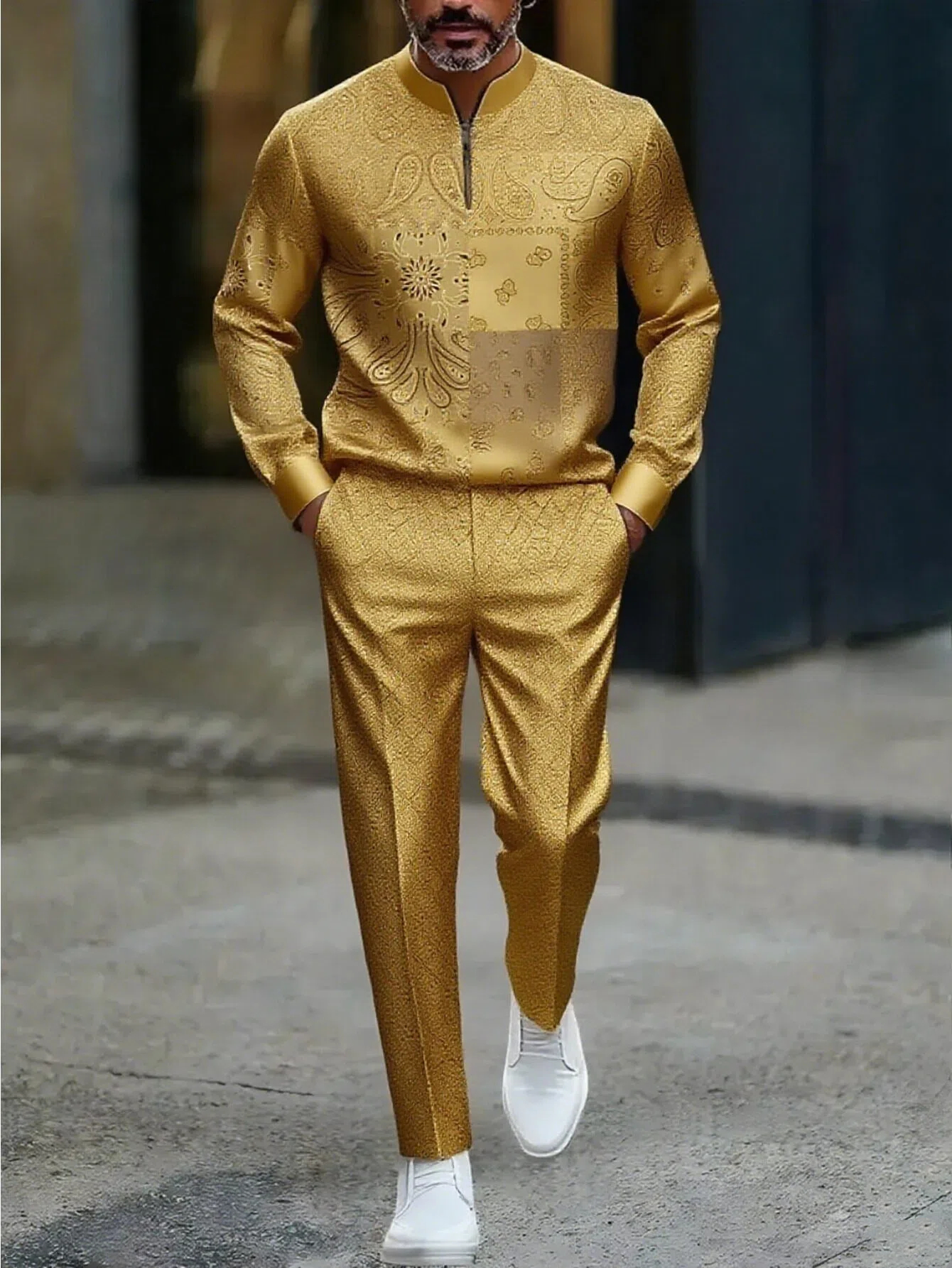 Men's Casual Color Matching Printed Round-Neck Zipper Long Sleeved Trousers Two-Piece Set