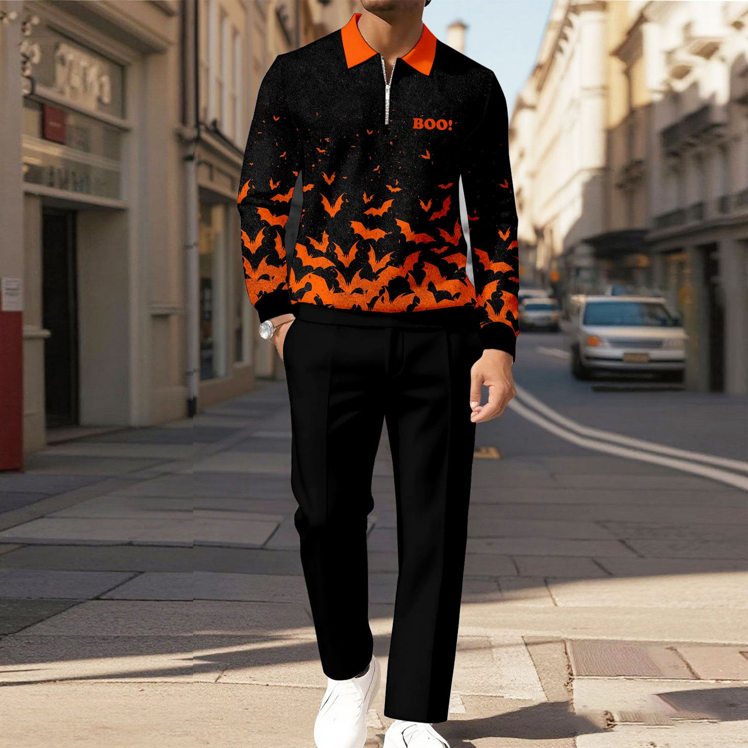 Men's Casual Color Matching Halloween Printed Polo-Collar Zipper Long Sleeved Trousers Two-Piece Set