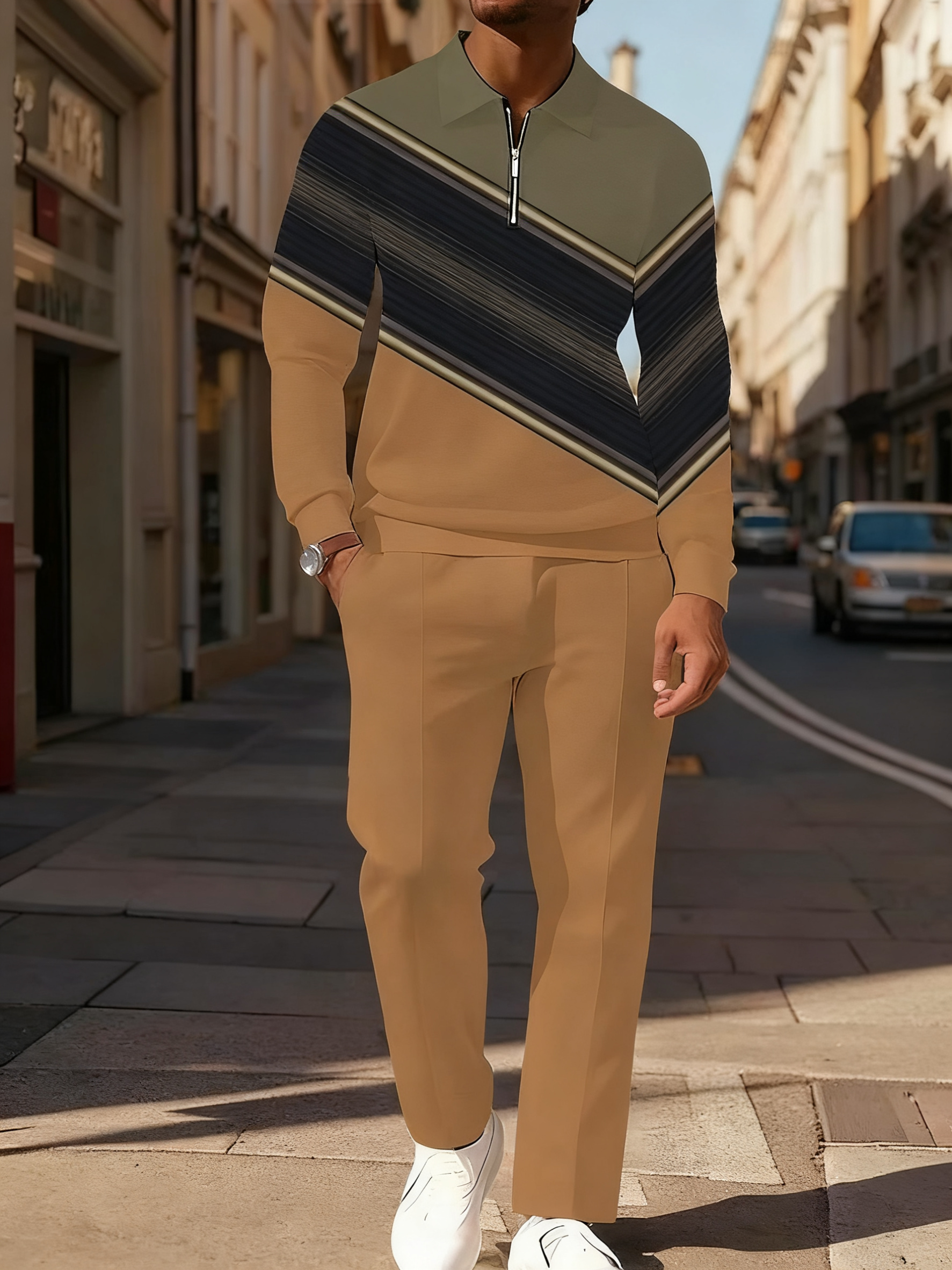 Men's Simple Khaki Army Green Black Color Block Printed POLO Long-sleeved Trousers Two-piece Set