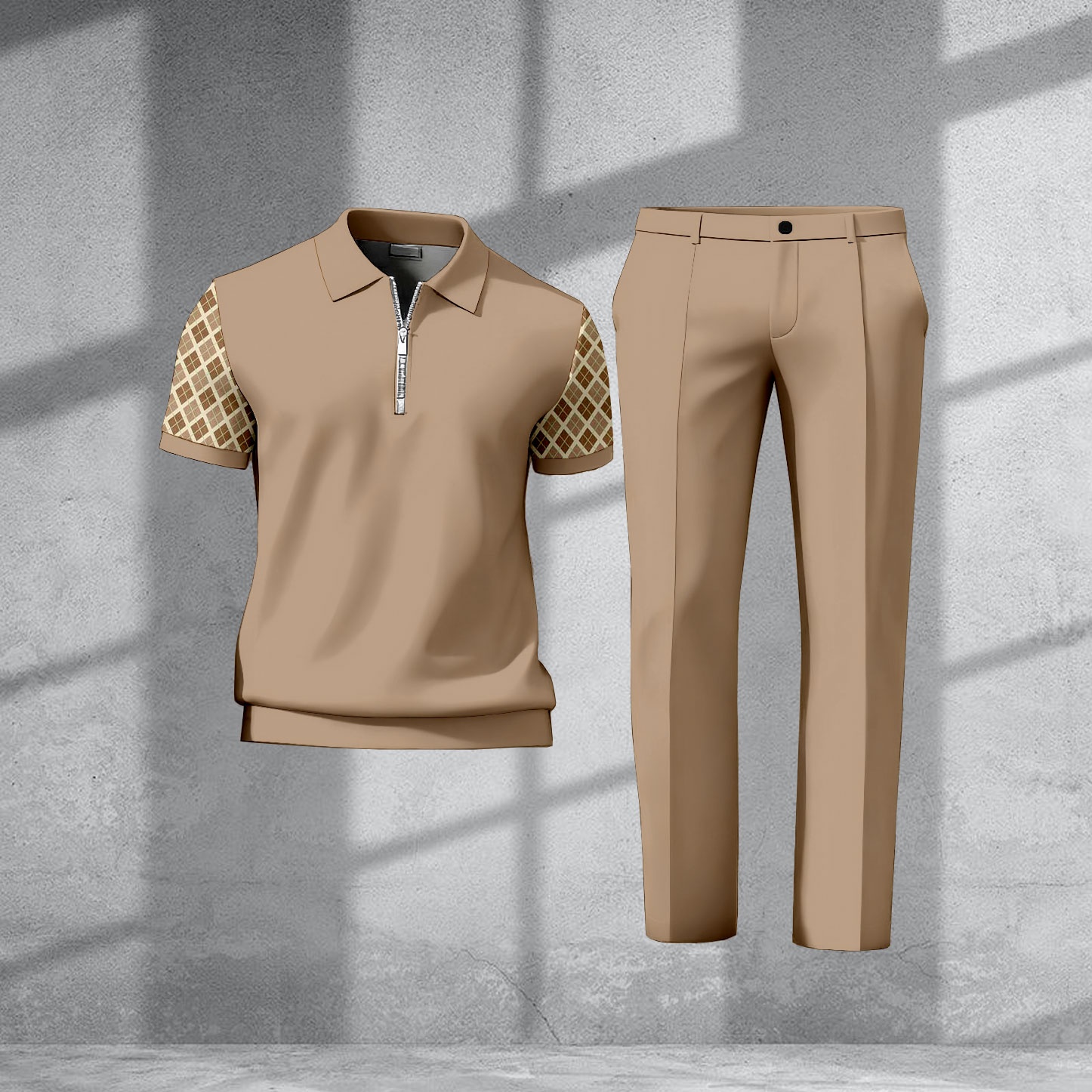 Men's Casual Tan Color Matching Printed Zipper Short Sleeved Polo Shirt & Trousers Two-Piece Set