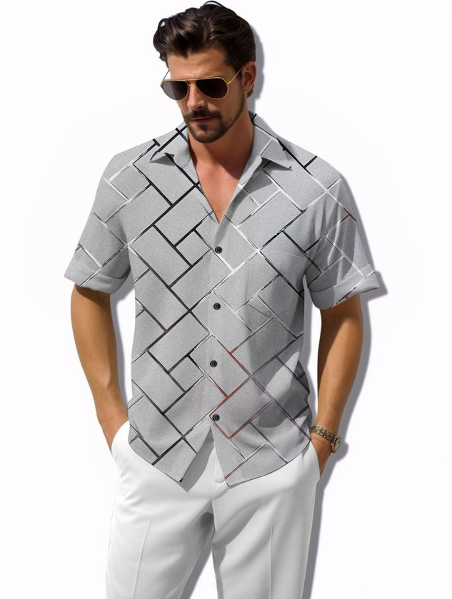 FIP  Retro Geometric 3D Tech Print Men's Button Pocket Short Sleeve Shirt