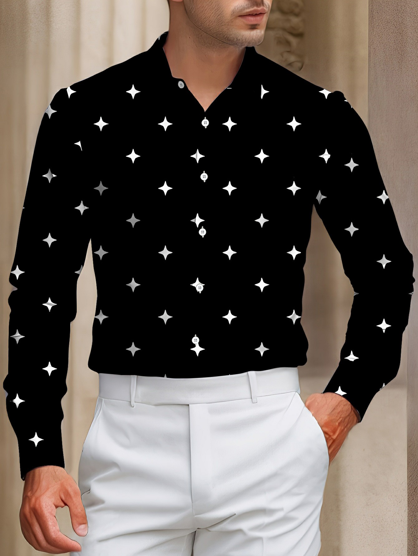 Men's Casual Black & White Color Matching Star Print Long-Sleeve Shirt