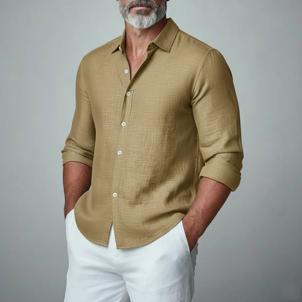 Men's Long- Sleeved Solid Color Small Stand Collar Shirt