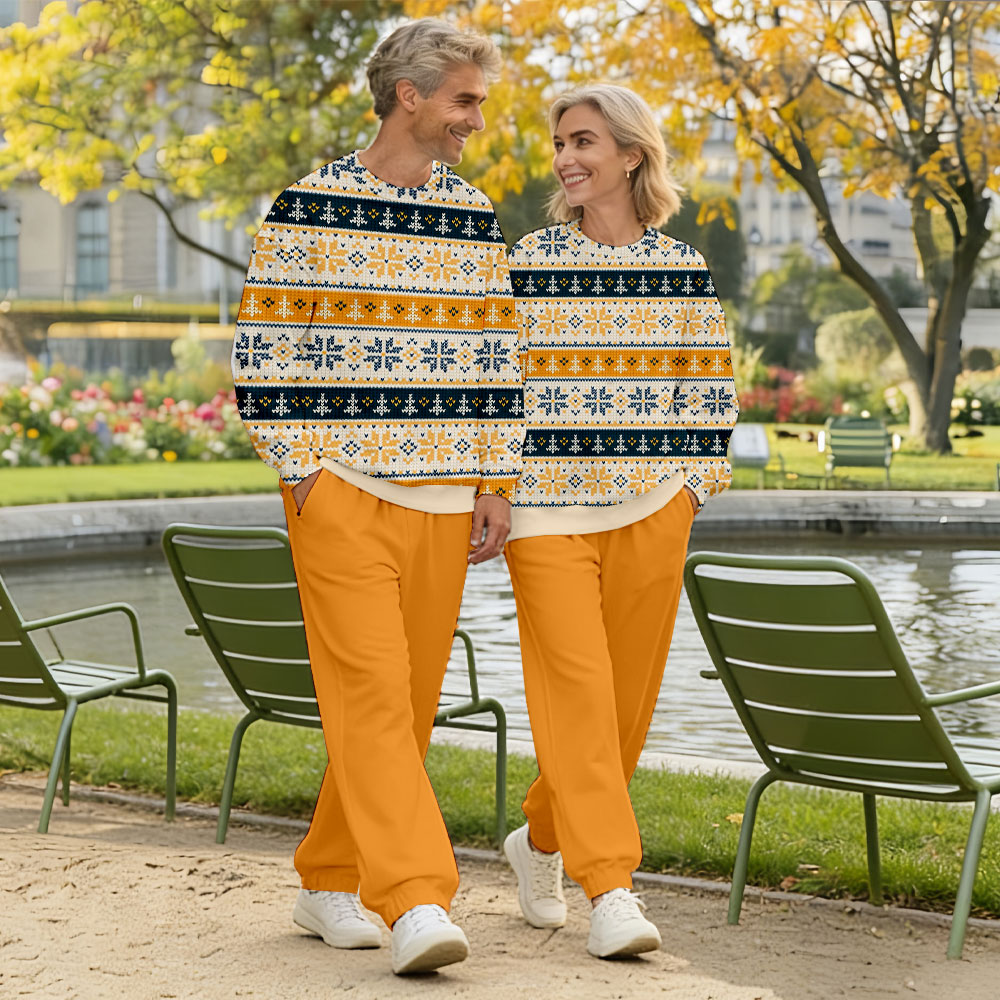 Valentine's Day Orange & Beige Color Matching Vintage Printed Long Sleeved Sweatshirt & Sweatpant Two-Piece Set