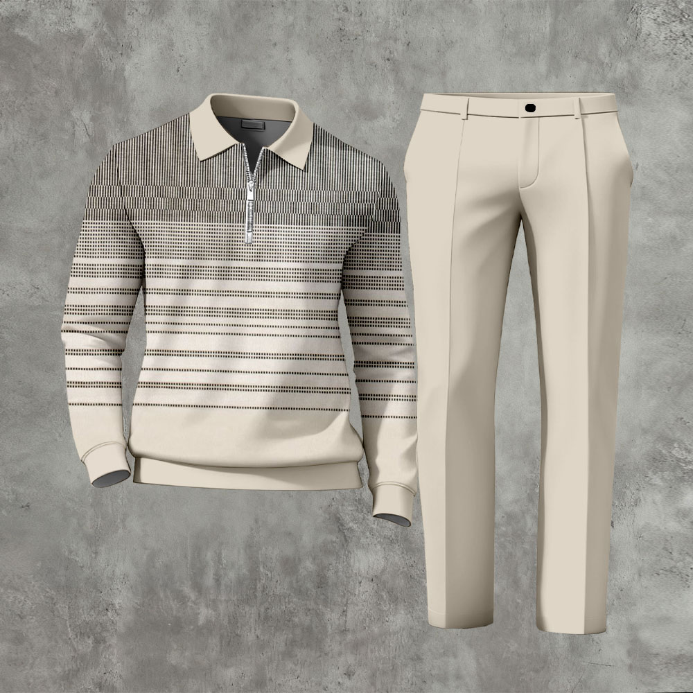 Men's Casual Color Matching Printed Polo-Collar Zipper Long Sleeved Trousers Two-Piece Set 1201