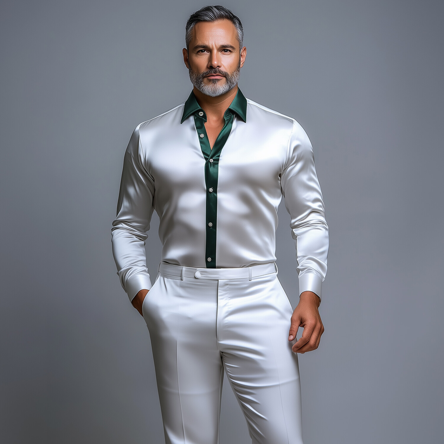 Men's Business Satin Colorblock Button Turndown Collar Long Sleeve Shirt