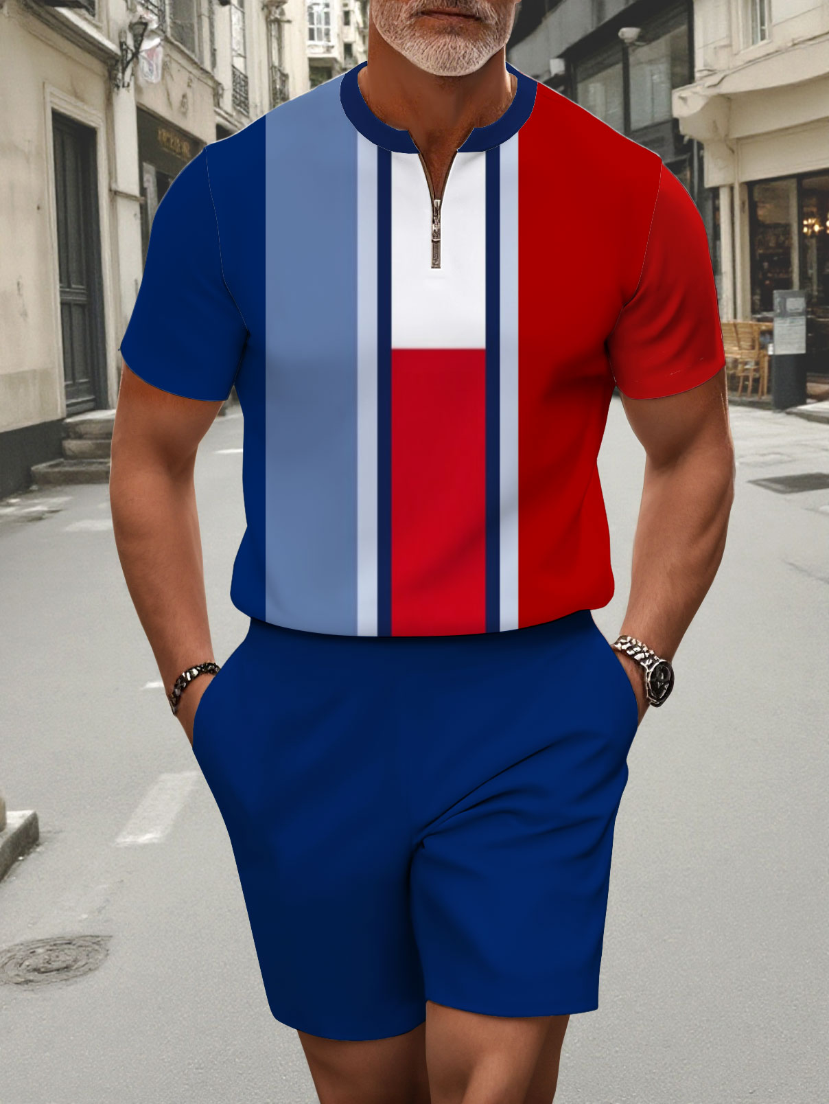 Men's fashion casual round-neck zipper geometric printed short-sleeved two-piece set 2504000145