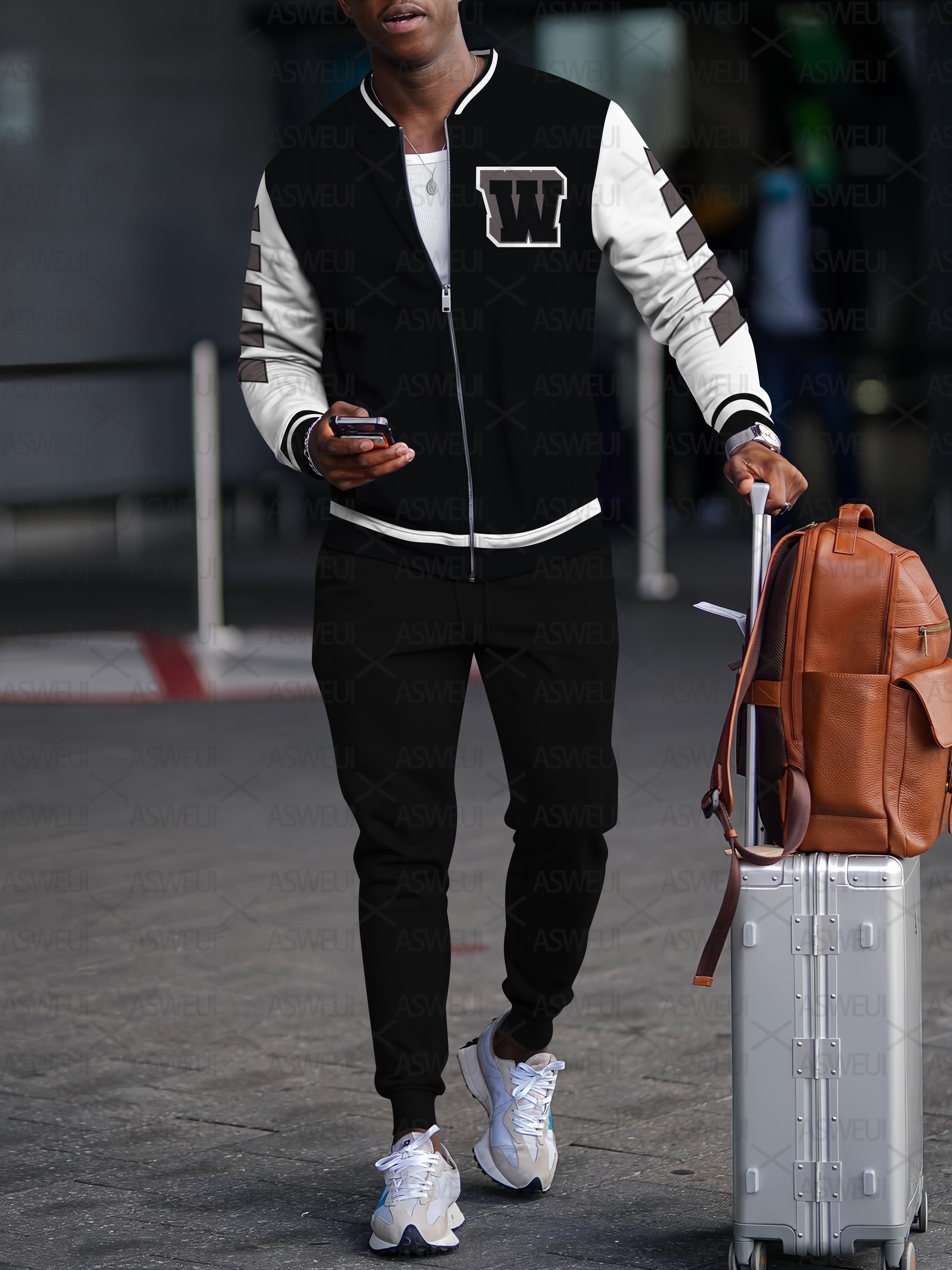 Men's fashion casual geometric print zipper jacket set