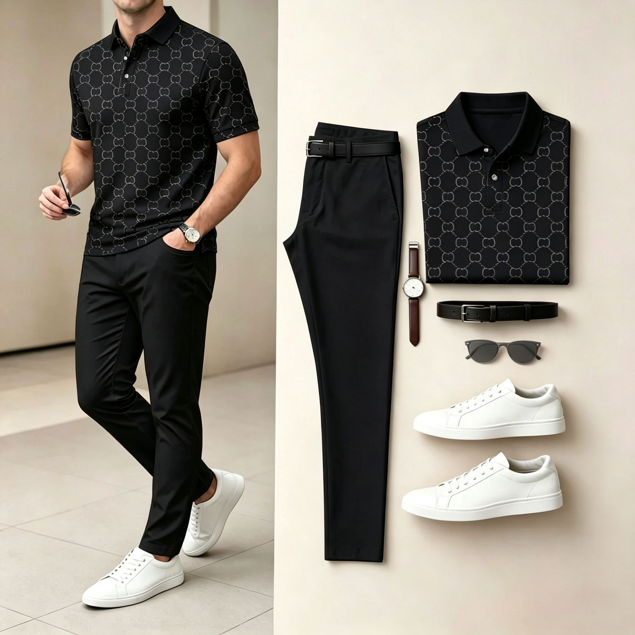 Men's Casual Brown Plaid Printed Polo Shirt And Pants Two-Piece Set 205063