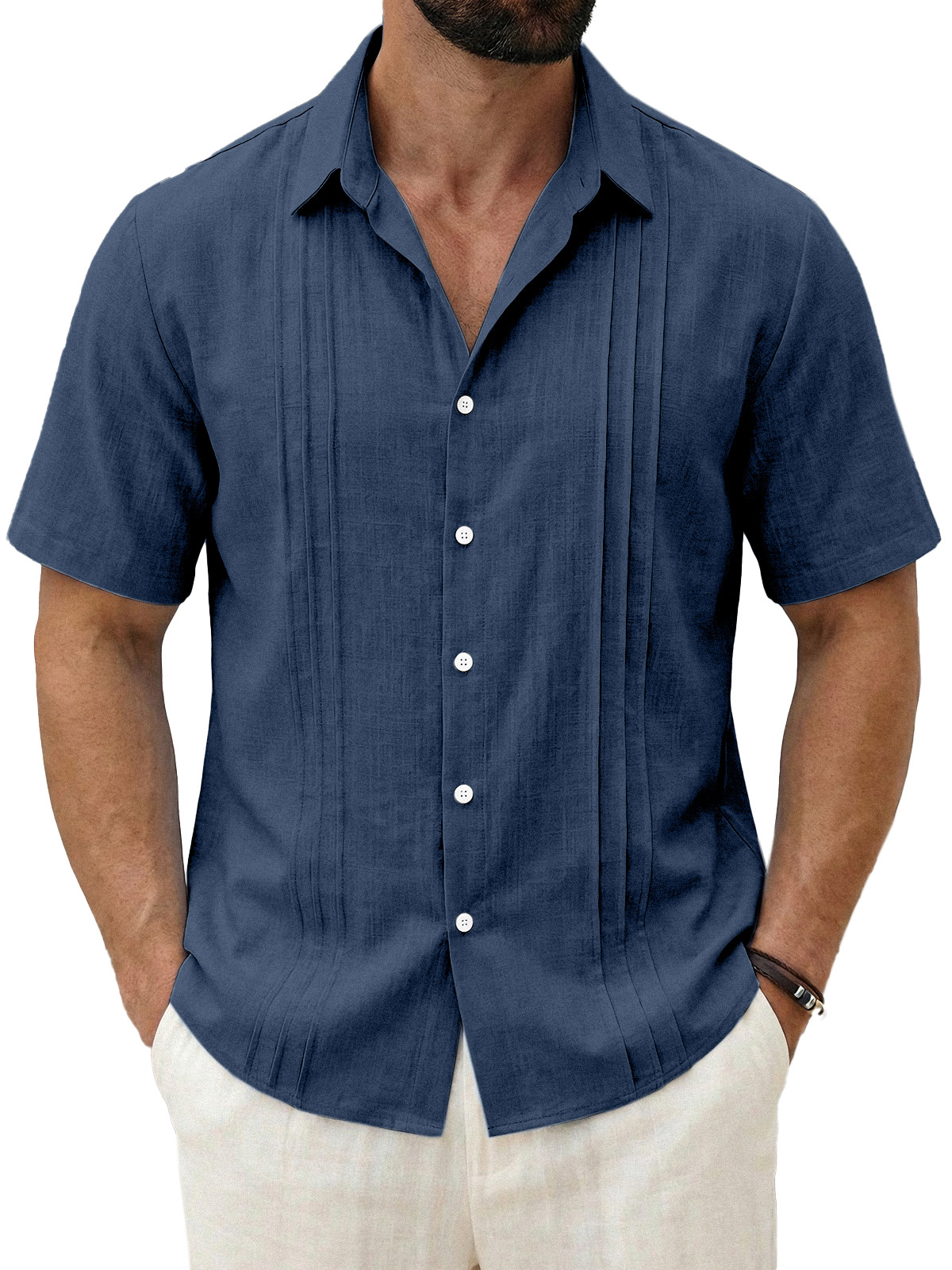Men's Daily All-match Solid Color Pleated Short-sleeved Casual Shirt