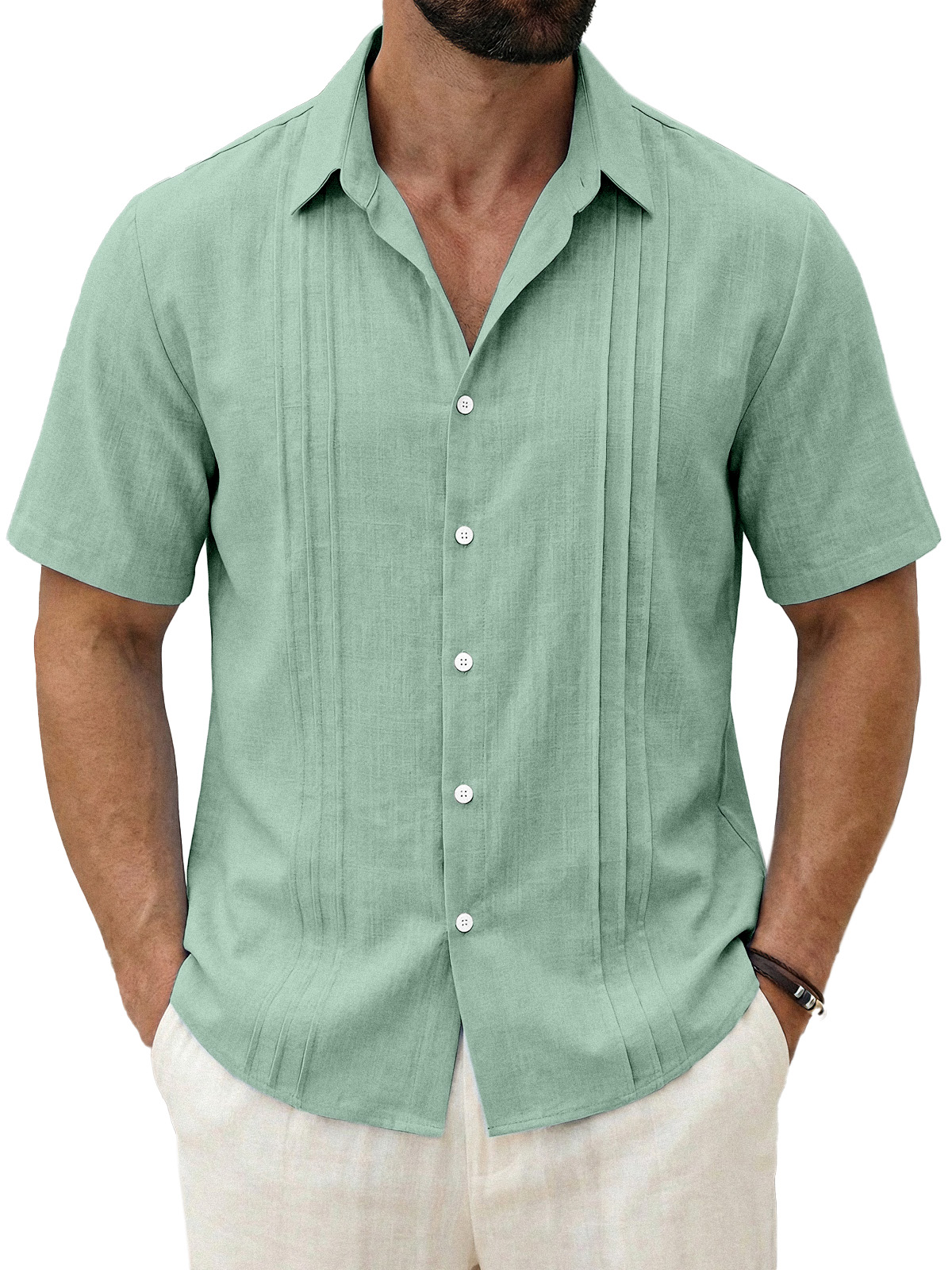 Men's Daily All-match Solid Color Pleated Short-sleeved Casual Shirt