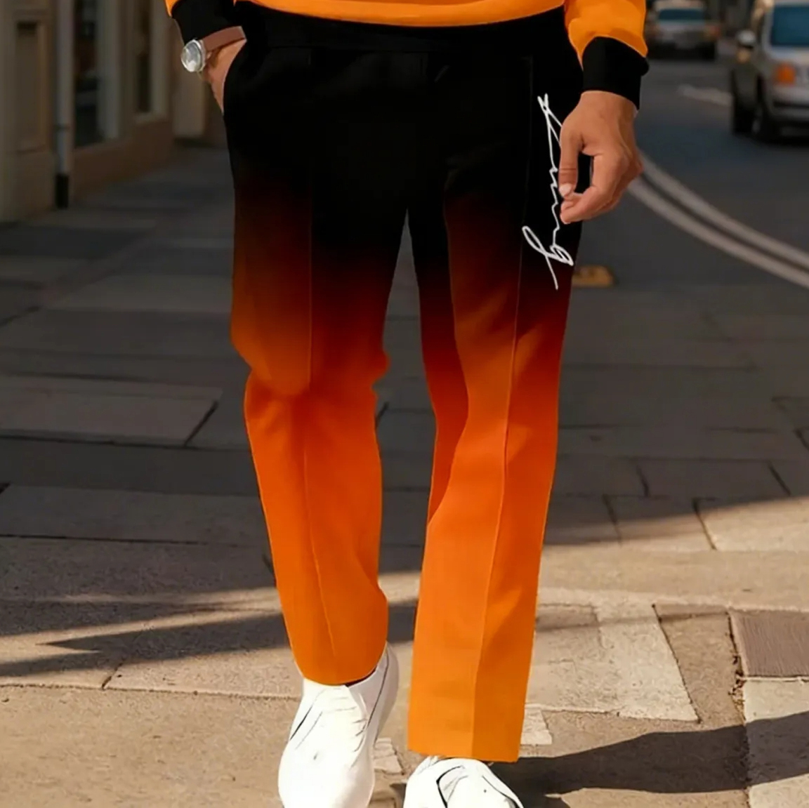 Men's Casual Color-Blocked Long-Sleeve Polo Shirt and Trousers Set