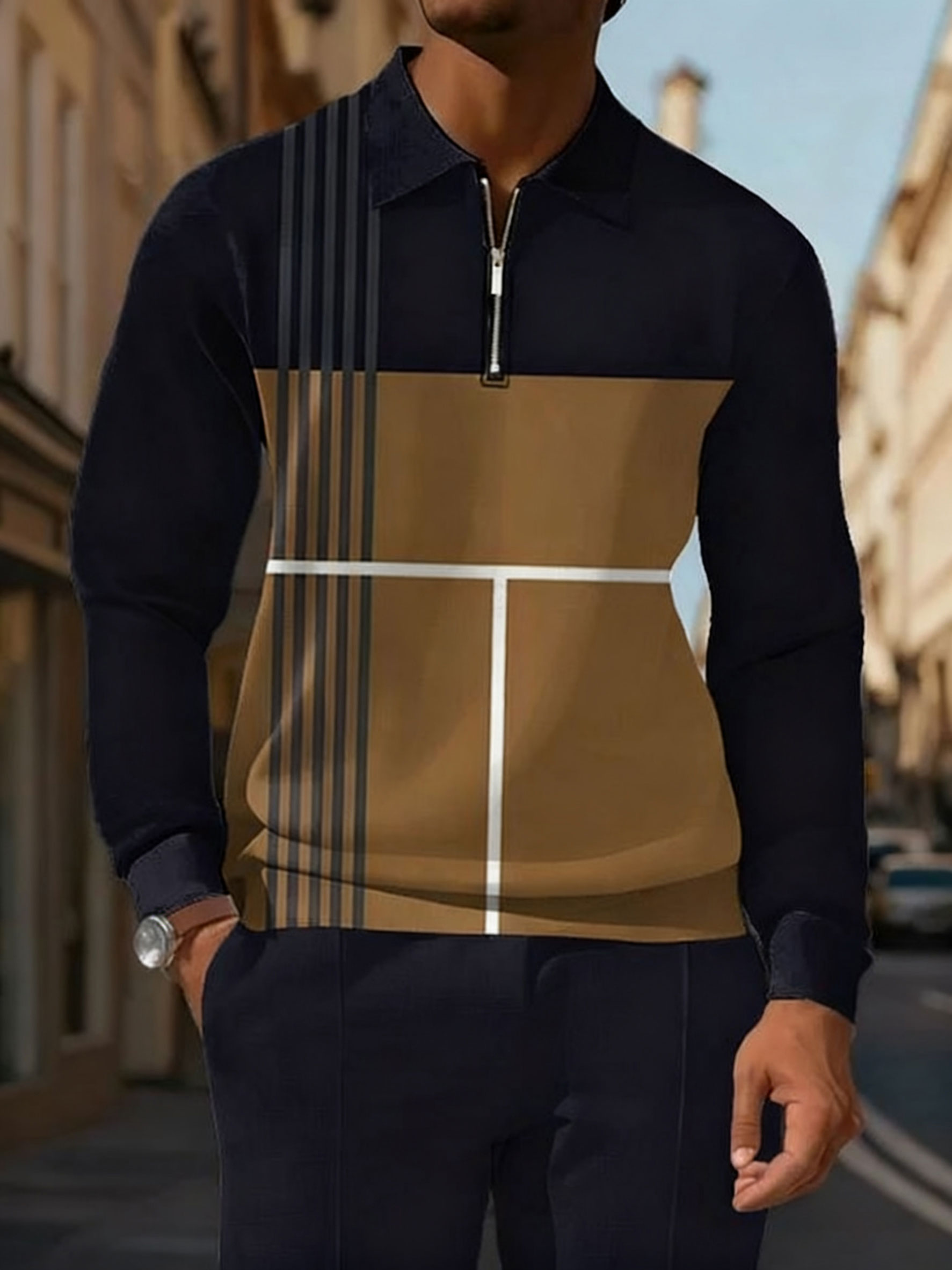 Men's Blue And Brown Stripe Printed POLO Long Sleeve Trousers Two-Piece Set