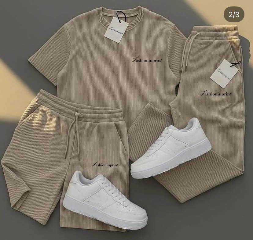 Men's Casual Solid Color Striped Short Sleeves Khaki T-Shirt & Shorts And Pants Three Piece Set