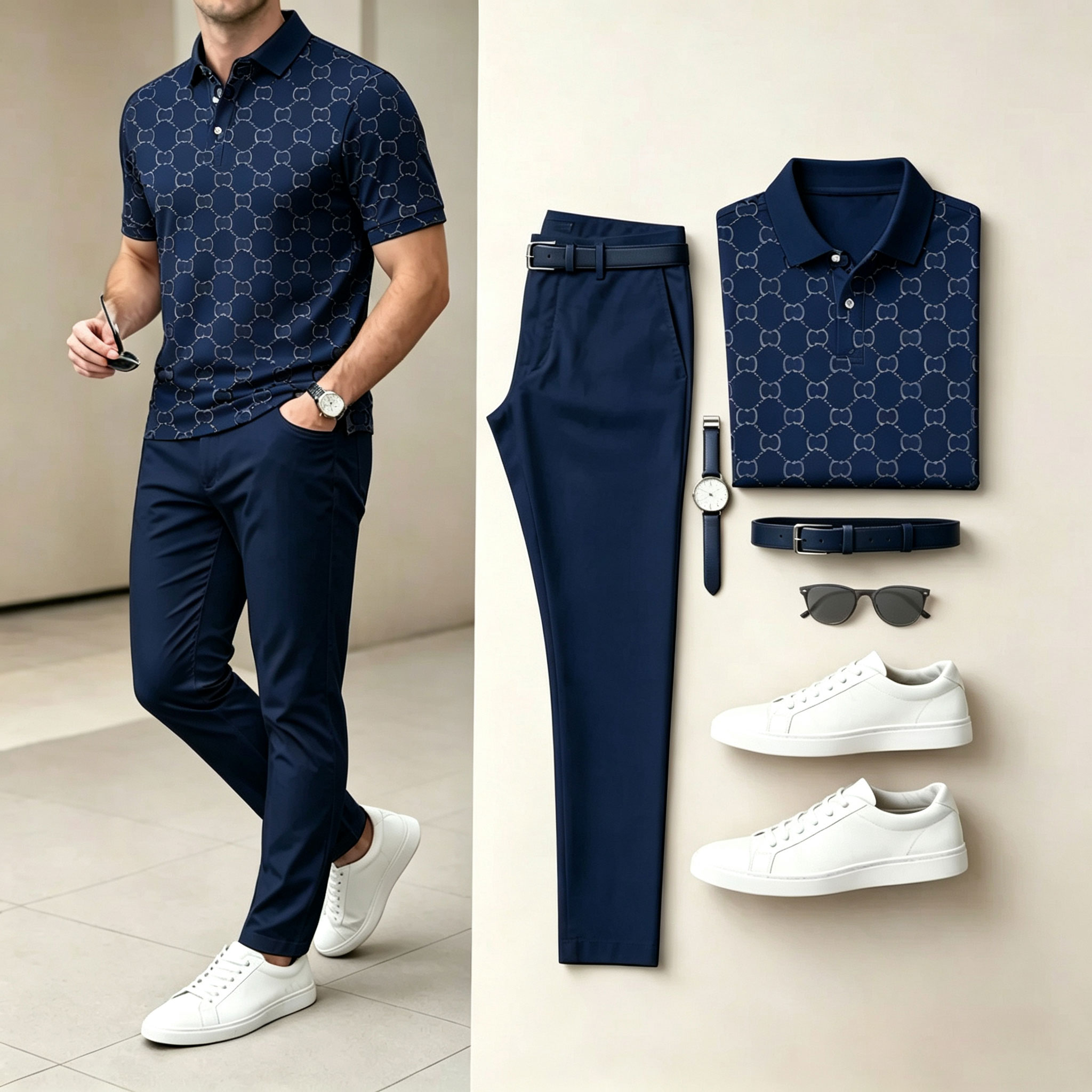 Men's Casual Brown Plaid Printed Polo Shirt And Pants Two-Piece Set 205063