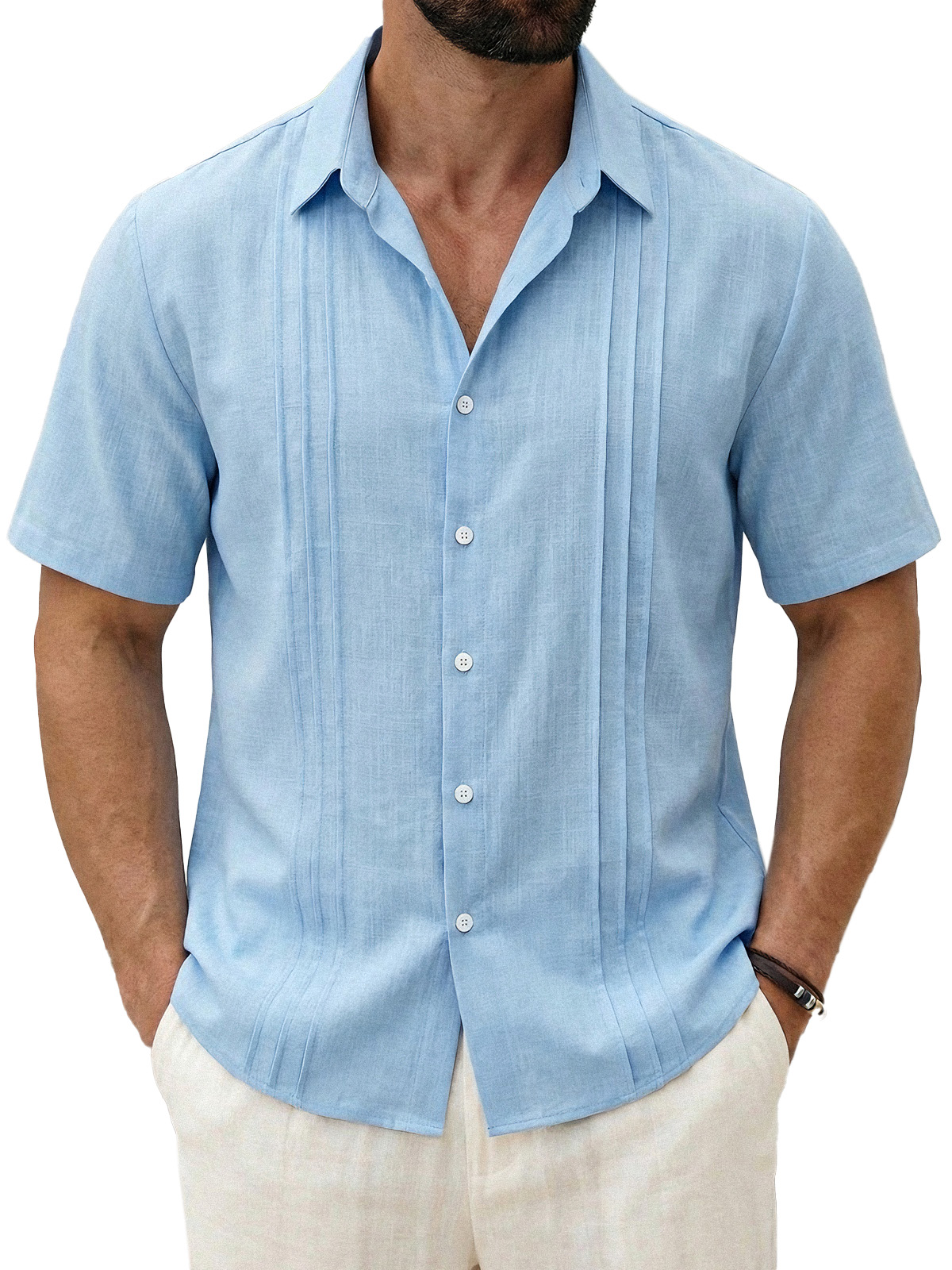 Men's Daily All-match Solid Color Pleated Short-sleeved Casual Shirt