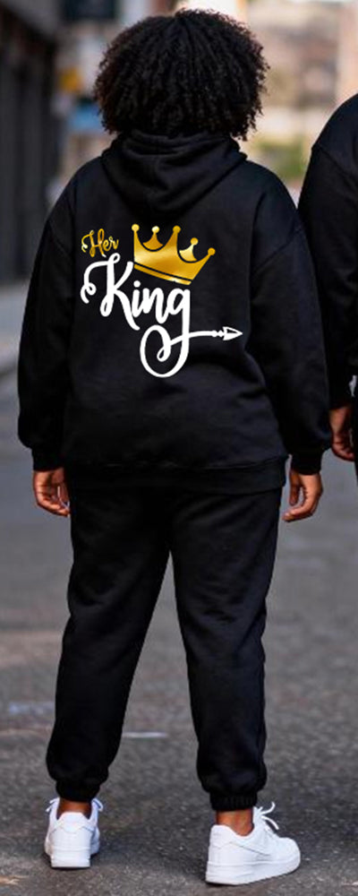 Big & Tall Couples Black Gold Crown "Her King & His Queen" Printed Hoodie Set
