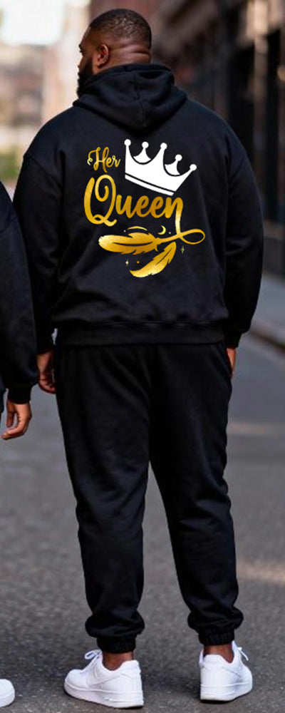Big & Tall Couples Black Gold Crown "Her King & His Queen" Printed Hoodie Set