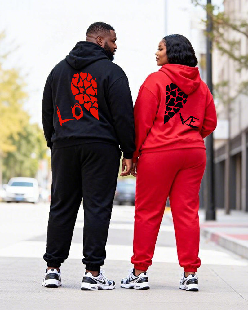 Big & Tall Couples Love LOVE Contrast Color Stitching Printed Hoodie Set