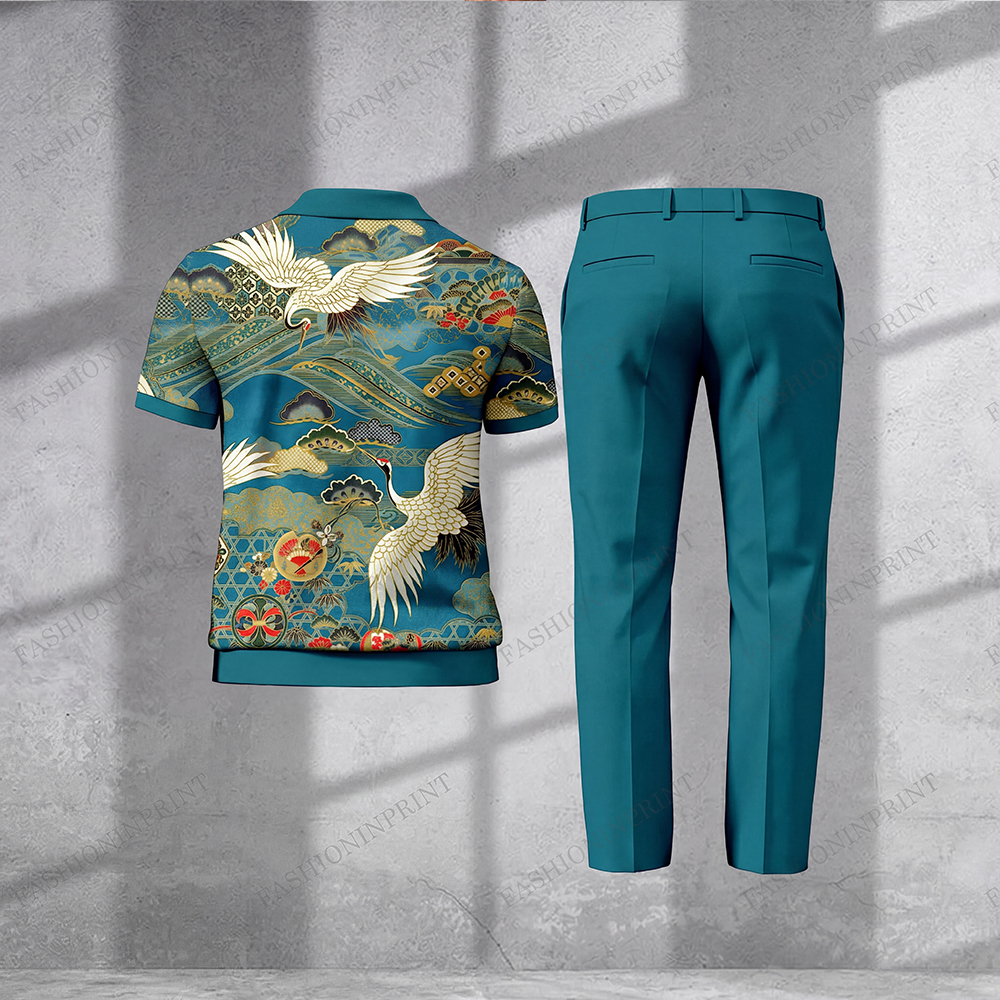 Men's Casual Royal Green Crane Short-Sleeved Half-Zip Polo Shirt And Royal Green Trousers Two-Piece Set