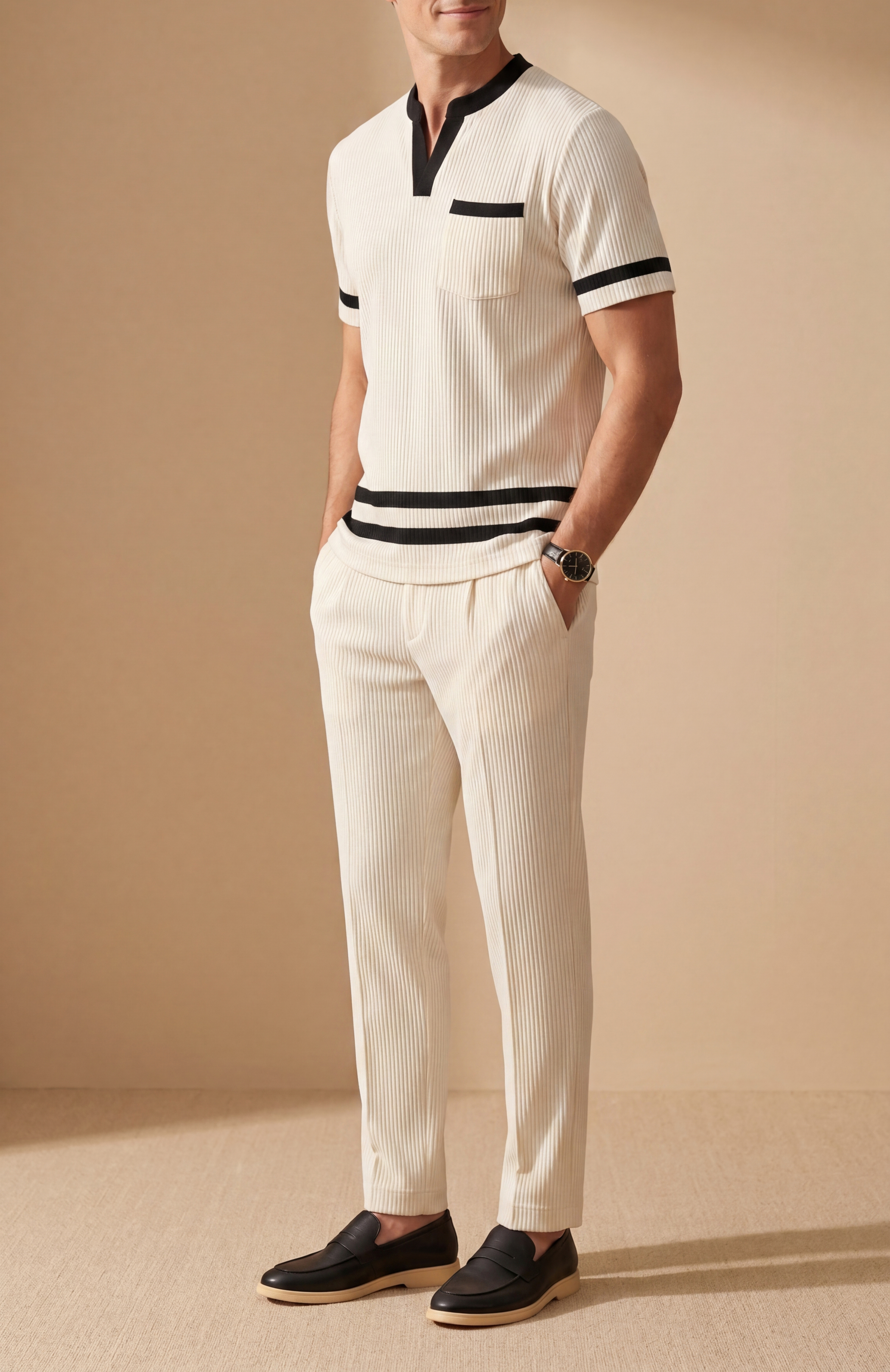 Men's Casual Beige & Black Color Matching Short Sleeved Henry Collar T-Shirt & Trousers Two-Piece Set