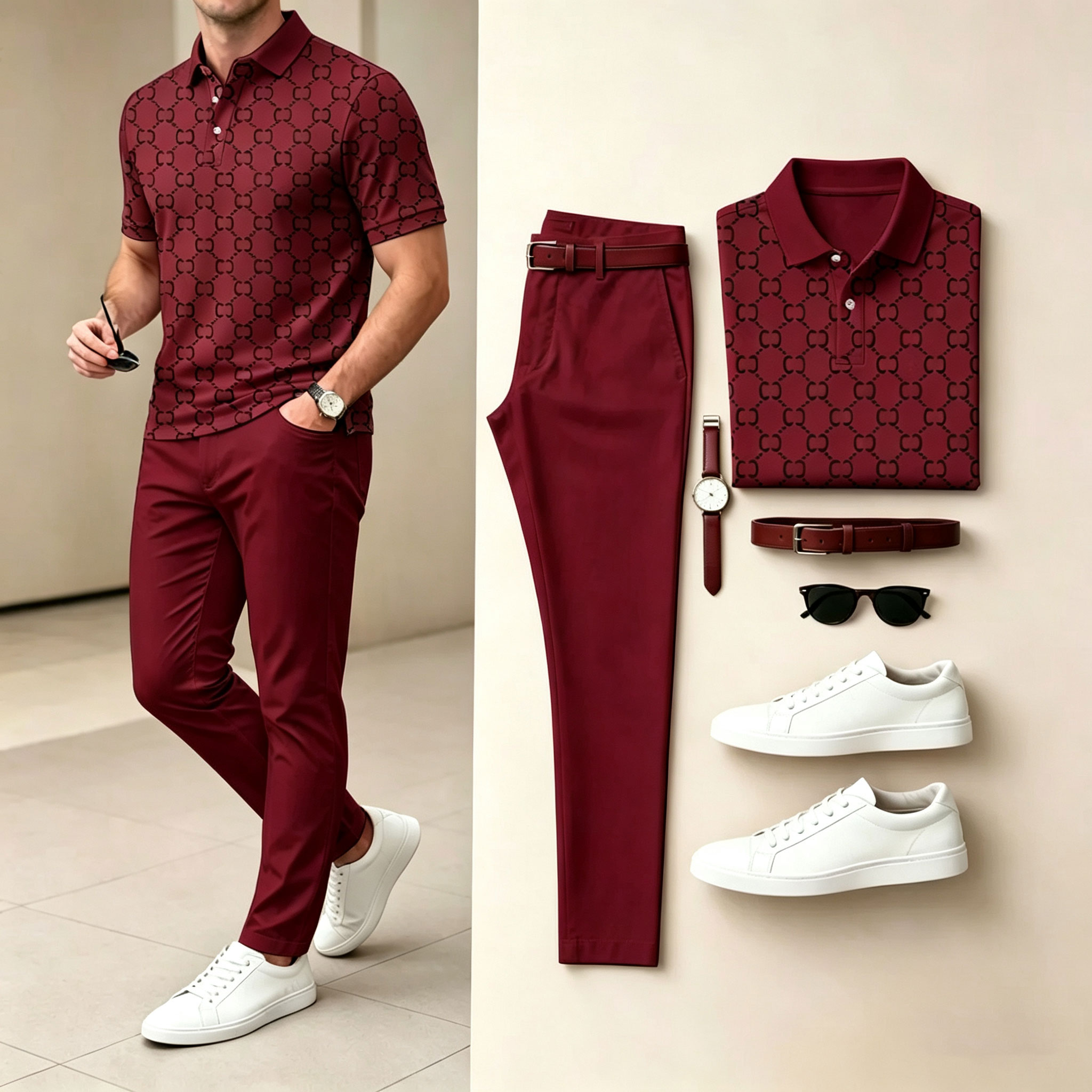 Men's Casual Brown Plaid Printed Polo Shirt And Pants Two-Piece Set 205063