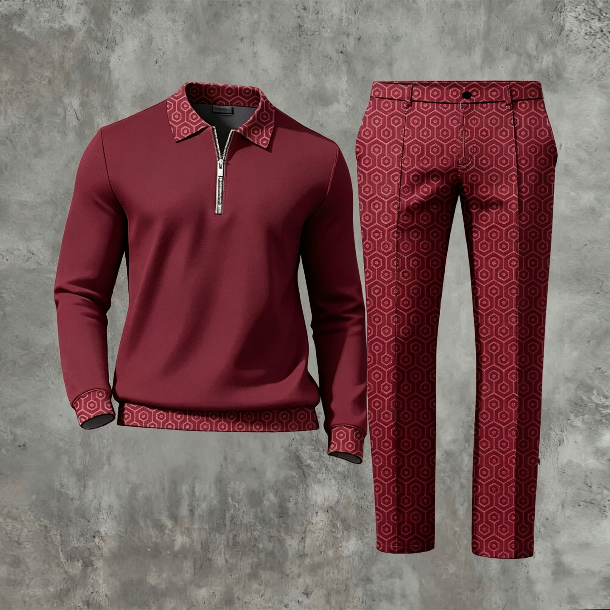 Men's Casual Color Matching Printed Polo-Collar Zipper Long Sleeved Trousers Two-Piece Set 1120