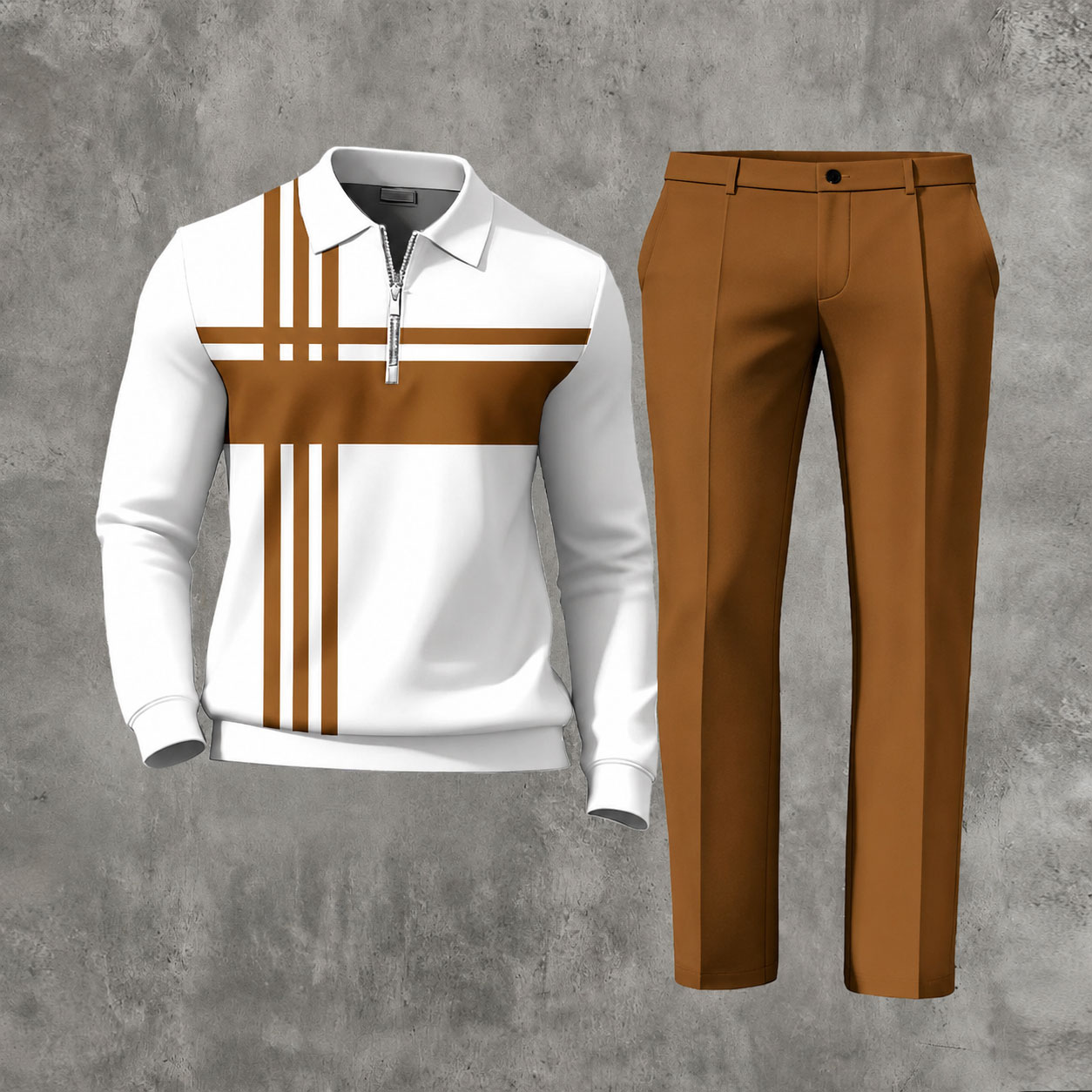Men's Casual Maroon & White Color Matching Striped Printed Polo-Collar Zipper Long Sleeved Trousers Two-Piece Set