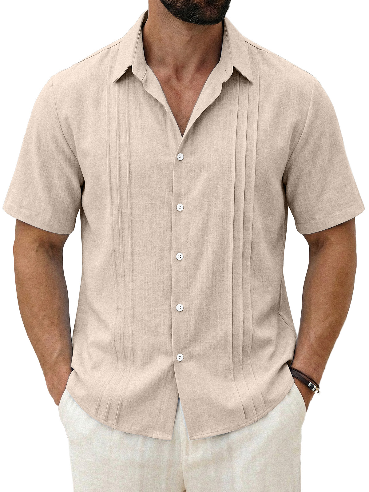 Men's Daily All-match Solid Color Pleated Short-sleeved Casual Shirt