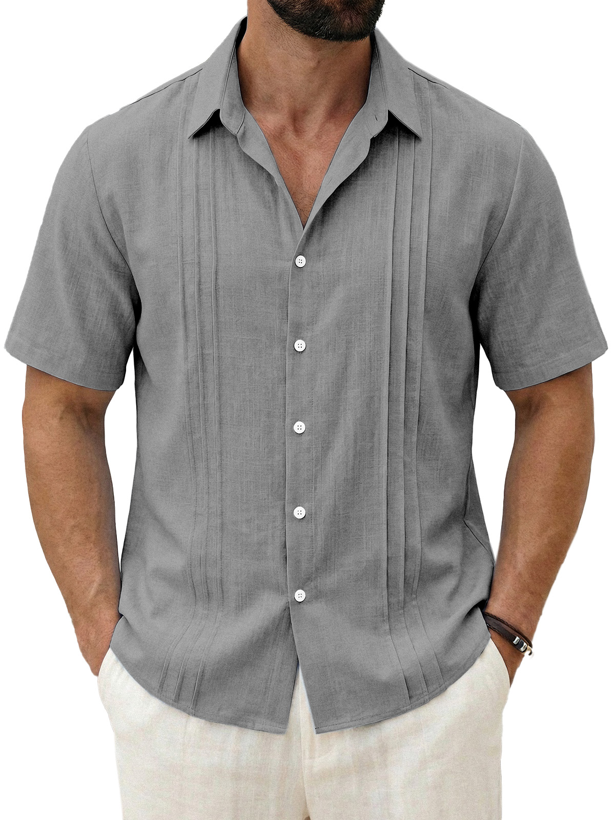 Men's Daily All-match Solid Color Pleated Short-sleeved Casual Shirt