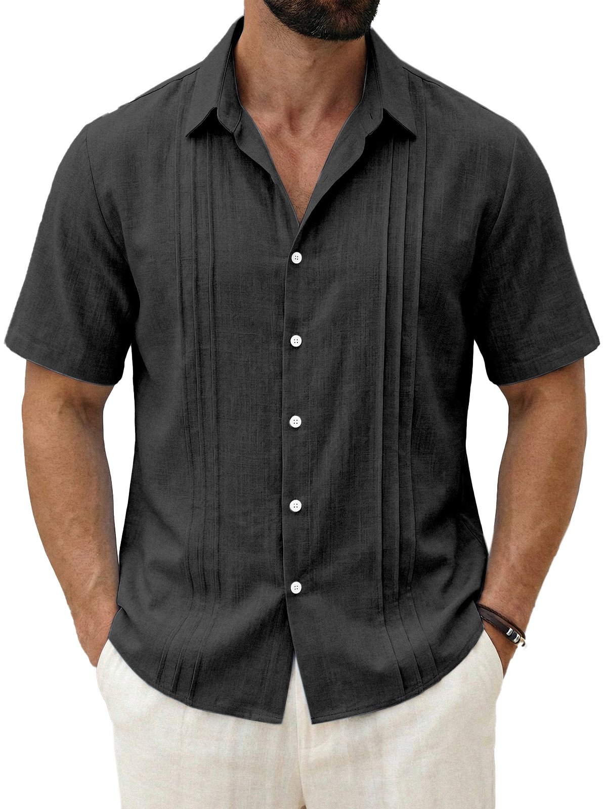 Men's Daily All-match Solid Color Pleated Short-sleeved Casual Shirt