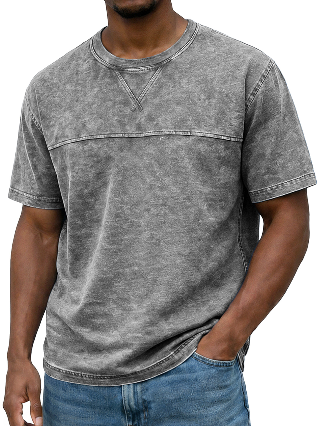 Men's Vintage Round Neck Short-sleeved T-shirt With Contrasting Stitching Design