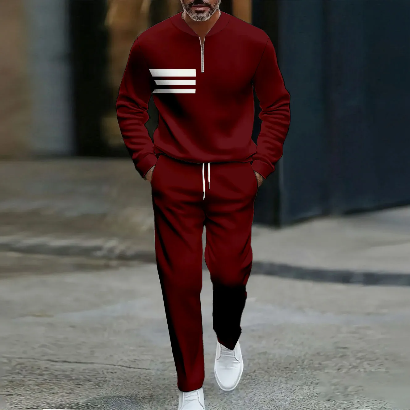 Men's Christmas Color Matching Printed Polo-Collar Zipper Long Sleeved Trousers Two-Piece Set