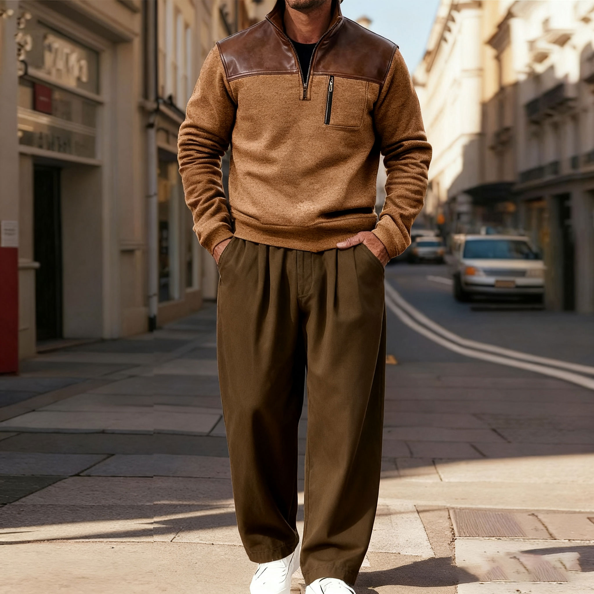 Men's Casual Color Matching Printed Stand-Collar Zipper Long Sleeved sweatshirt