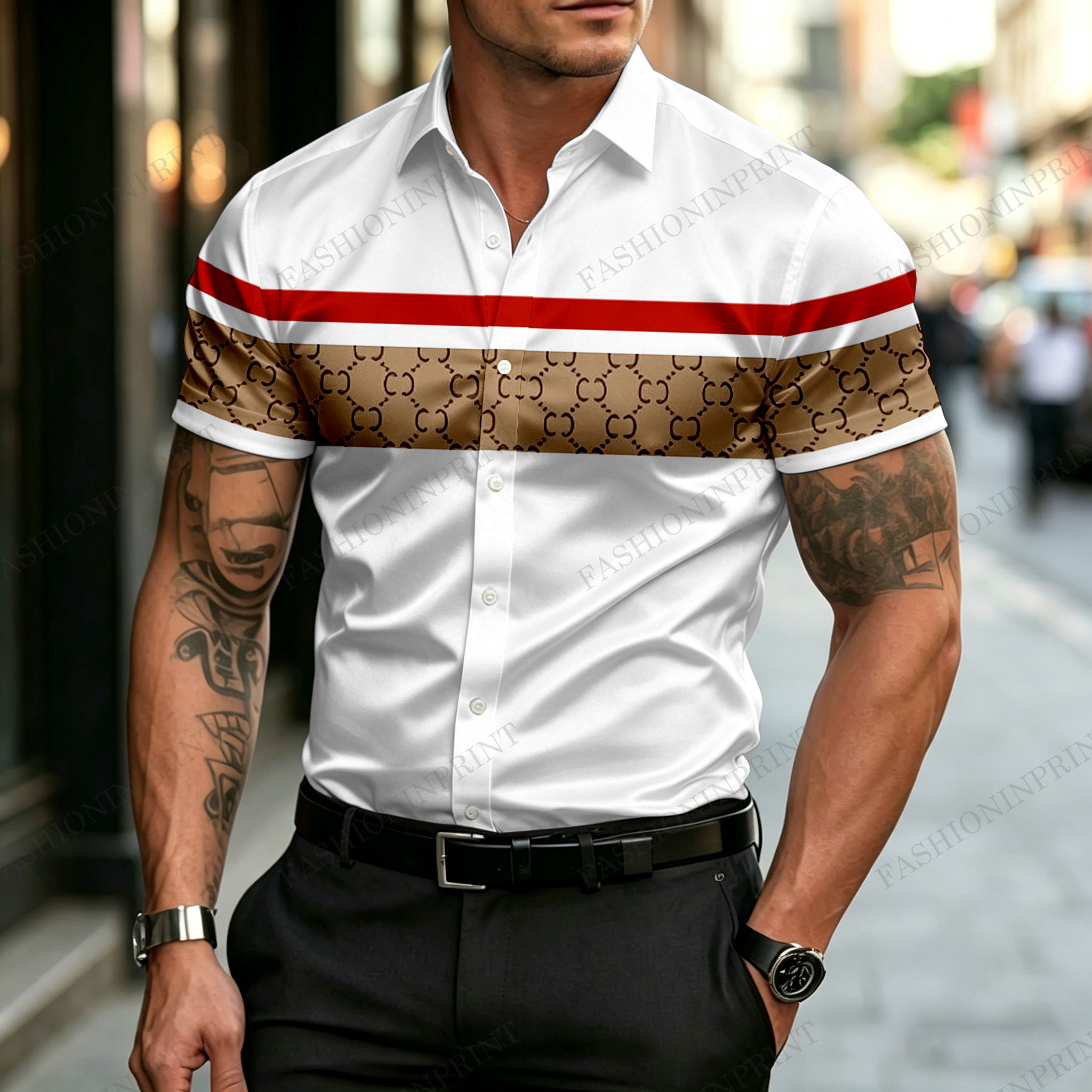 Men's Casual White Khaki Plaid Geometric Print Short-Sleeved Shirt