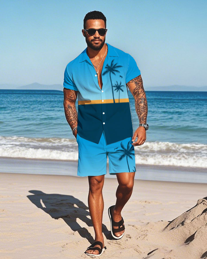 Men's Fashion Casual Lapel Collar Geometric Printed Short-Sleeved Two-Piece Set