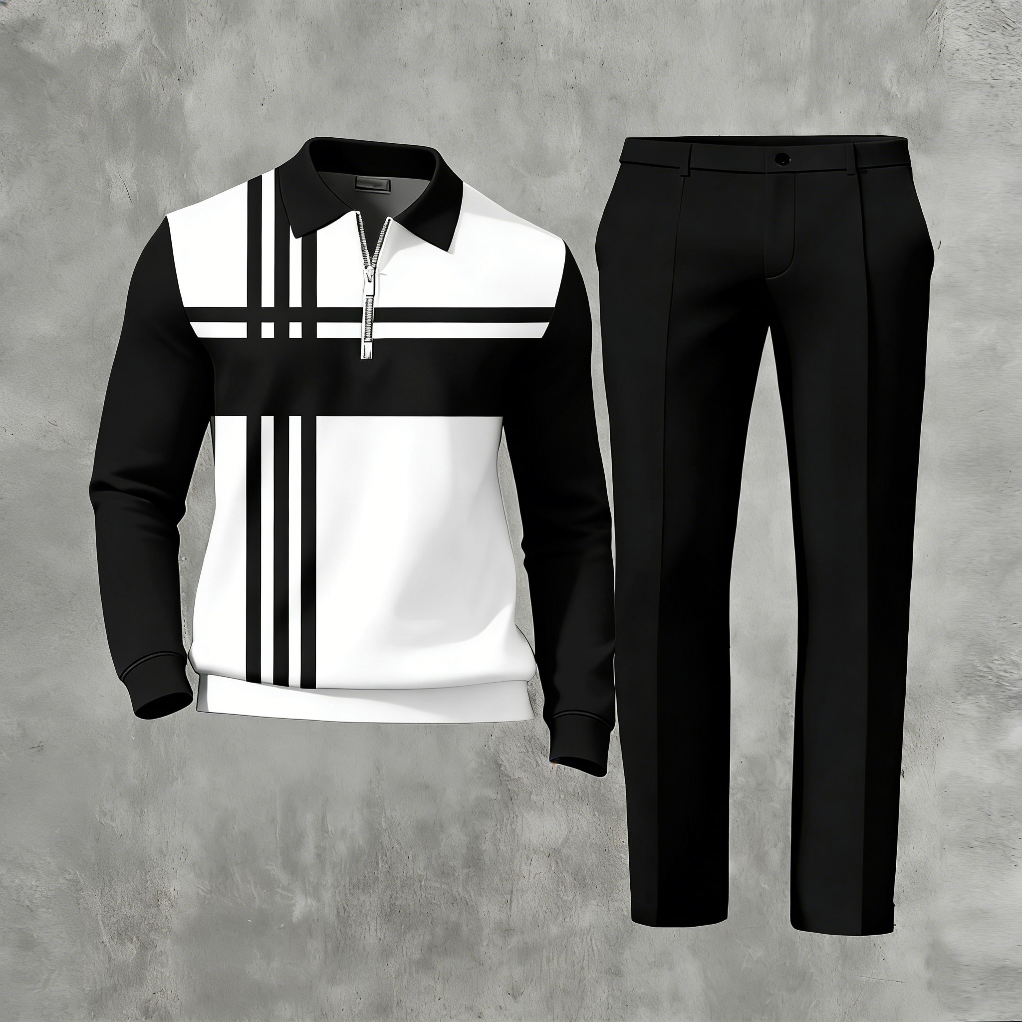 Men's Casual Multi Color Matching Geometric Printed Zipper Long Sleeved Polo Shirt & Trousers Two-Piece Set