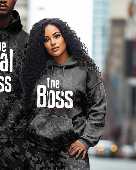 Couple Outfits Big & Tall Real Boss Funny Text Camouflage Hoodie Set