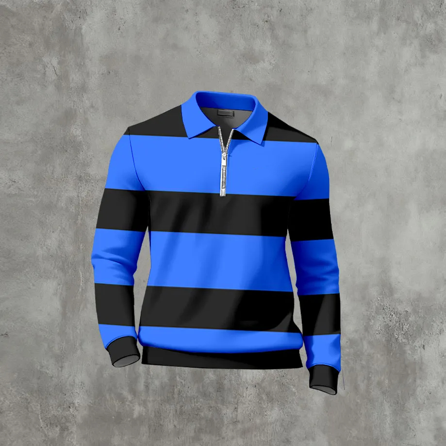 Men's Casual Color Matching Printed Polo-Collar Zipper Long Sleeved T-Shirts