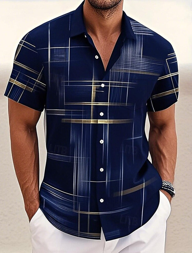 FIP Vintage Geometric Art Print Men's Button Pocket Short Sleeve Shirt Big & Tall