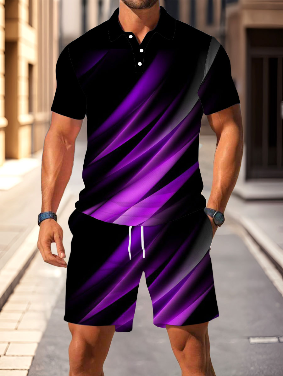 Men's Fashion Casual Polo Collar Geometric Printed Short-Sleeved Two-Piece Set