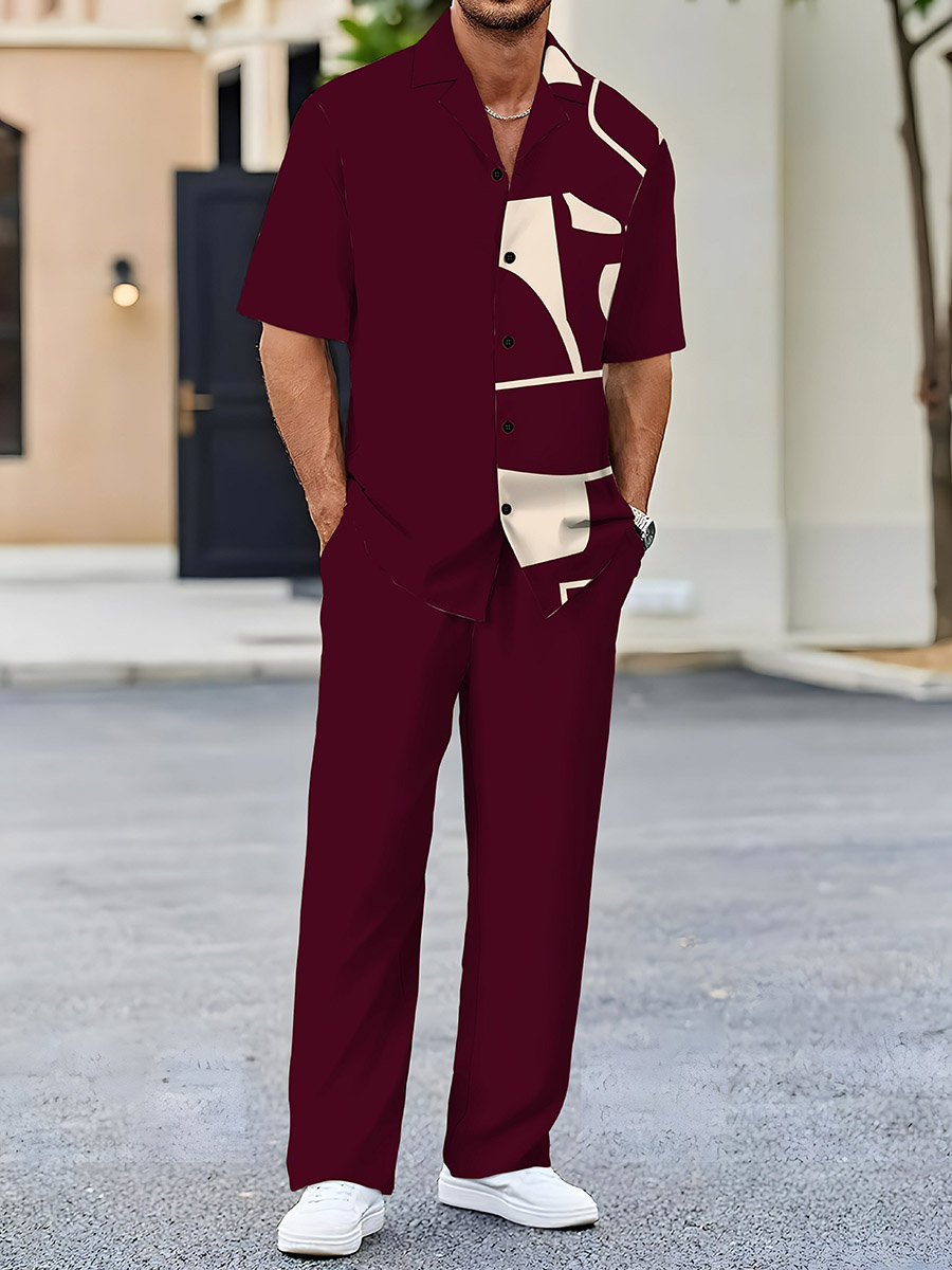 Men's Casual Color Matching Geometric Printed Short Sleeved Shirt & Trousers Two Piece Set